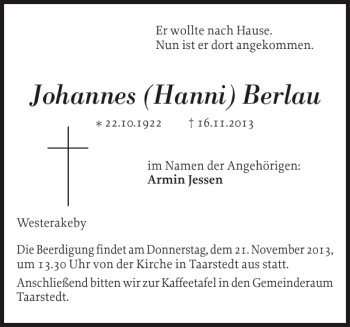Traueranzeige von Johannes Hanni Berlau von Schleswiger Nachrichten