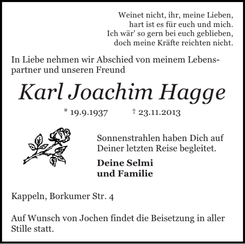  Traueranzeige für Karl Joachim Hagge vom 25.11.2013 aus Schlei-Bote