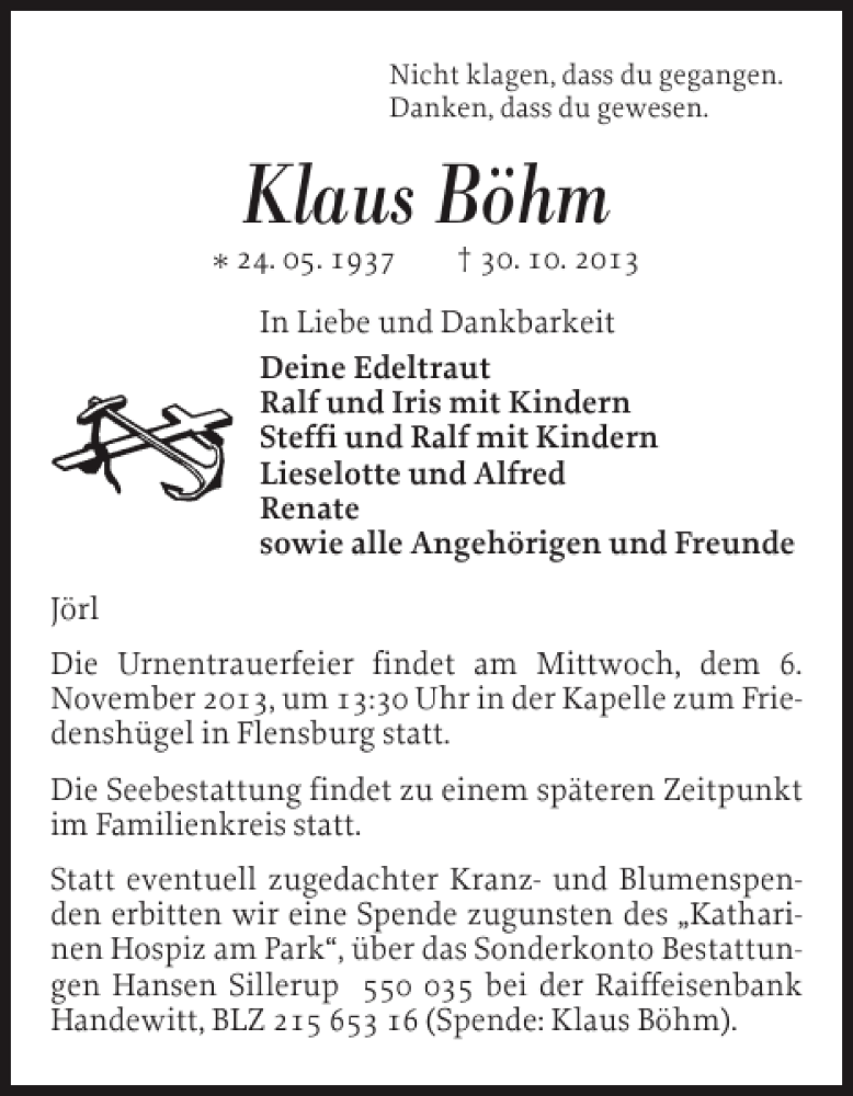  Traueranzeige für Klaus Böhm vom 02.11.2013 aus Flensburger Tageblatt