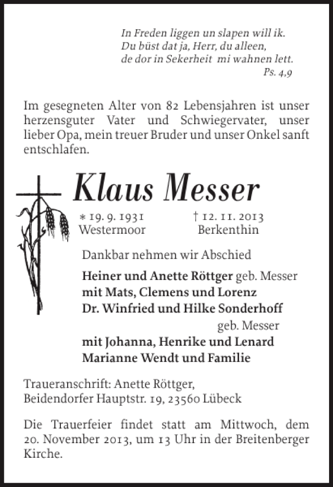  Traueranzeige für Klaus Messer vom 16.11.2013 aus Norddeutsche Rundschau