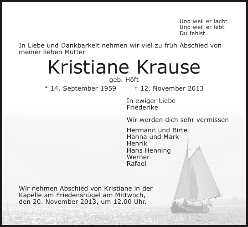  Traueranzeige für Kristiane Krause vom 16.11.2013 aus Flensburger Tageblatt