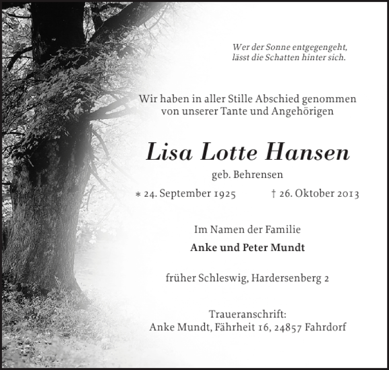  Traueranzeige für Lisa Lotte Hansen vom 19.11.2013 aus Schleswiger Nachrichten