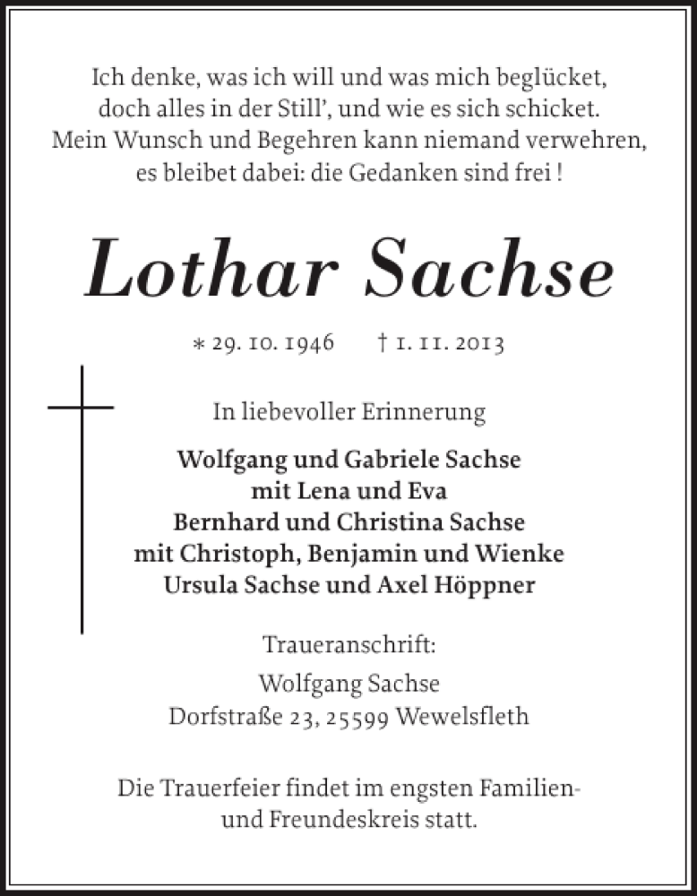  Traueranzeige für Lothar Sachse vom 06.11.2013 aus Norddeutsche Rundschau