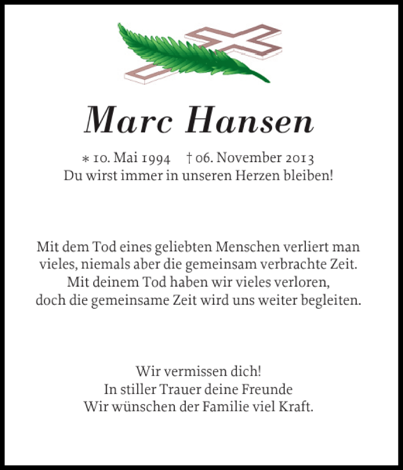  Traueranzeige für Marc Hansen vom 11.11.2013 aus Schleswiger Nachrichten
