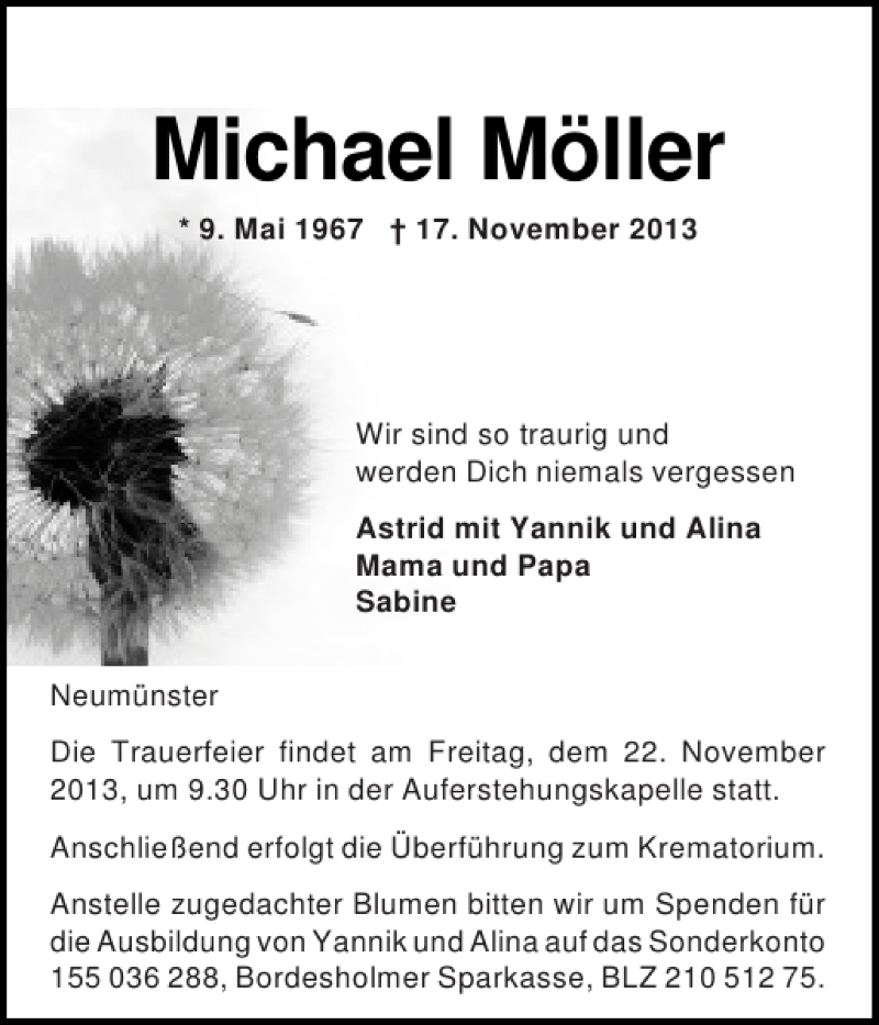  Traueranzeige für Michael Möller vom 20.11.2013 aus Holsteinischer Courier