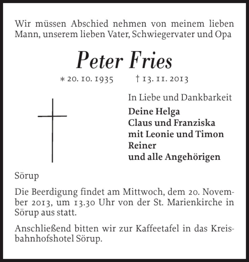  Traueranzeige für Peter Fries vom 16.11.2013 aus Flensburger Tageblatt