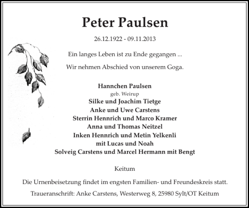  Traueranzeige für Peter Paulsen vom 13.11.2013 aus Sylter Rundschau