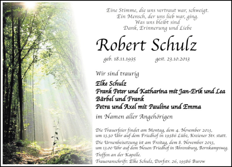  Traueranzeige für Robert Schulz vom 02.11.2013 aus Stormarner Tageblatt