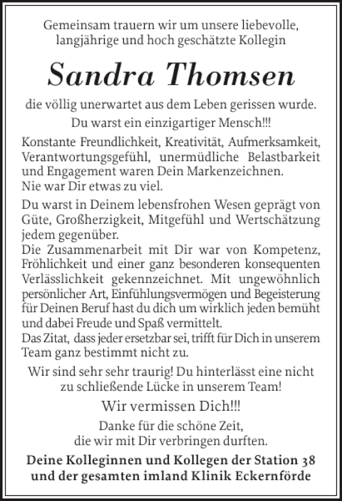  Traueranzeige für Sandra Thomsen vom 05.11.2013 aus Eckernförder Zeitung