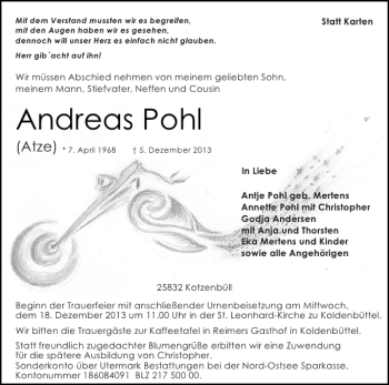Traueranzeige von Andreas Pohl von Husumer Nachrichten