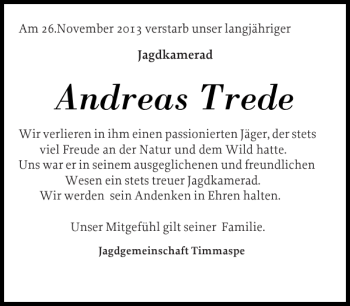 Traueranzeige von Andreas Trede von Landeszeitung