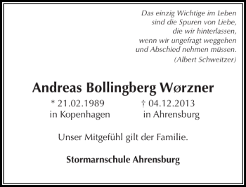 Traueranzeige von Andreas Bollingberg W von Stormarner Tageblatt