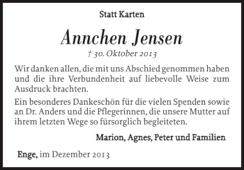 Traueranzeige von Annchen Jensen von Husumer Nachrichten