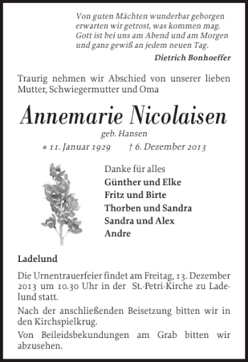 Traueranzeige von Annemarie Nicolaisen von Husumer Nachrichten