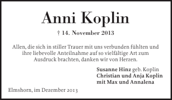 Traueranzeige von Anni Koplin von Elmshorner Nachrichten