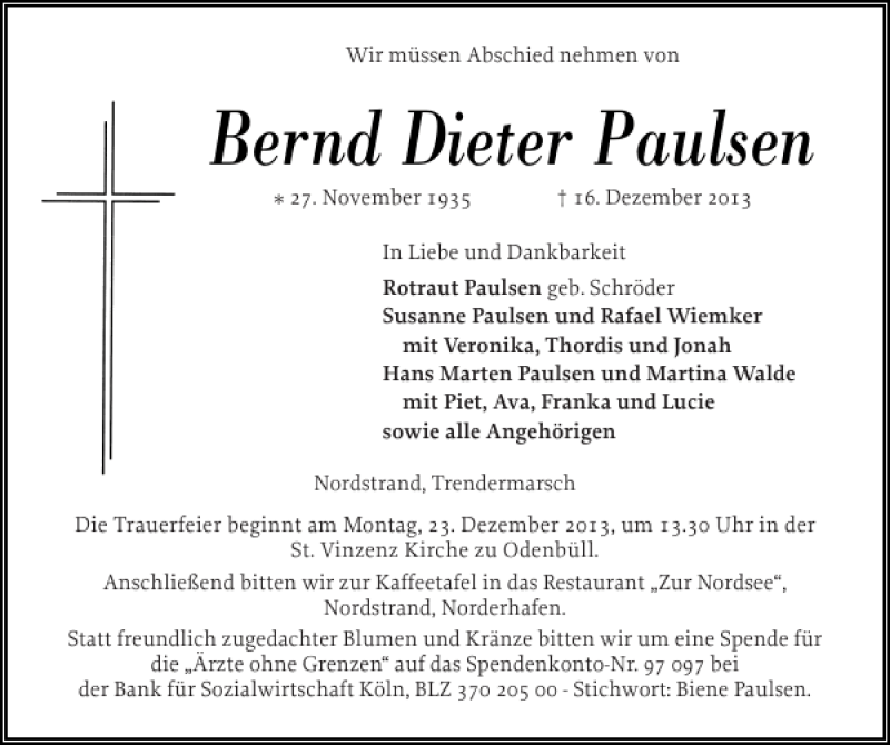  Traueranzeige für Bernd Dieter Paulsen vom 19.12.2013 aus Husumer Nachrichten