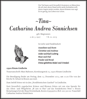 Traueranzeige von Catharina Andrea Sönnichsen von Nordfriesland Tageblatt