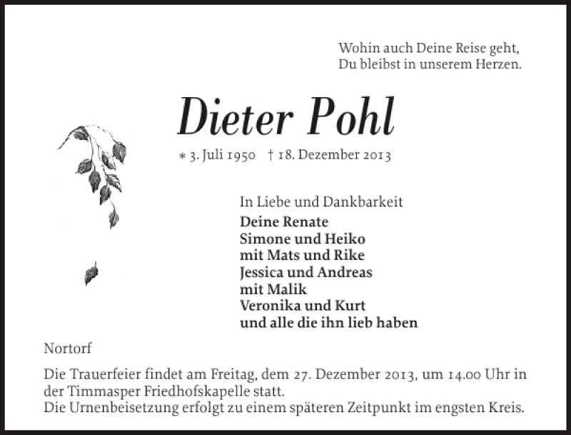  Traueranzeige für Dieter Pohl vom 21.12.2013 aus Landeszeitung