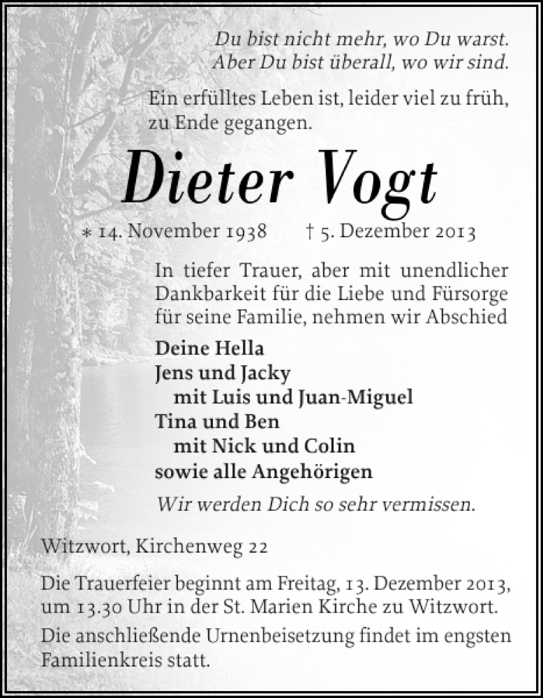  Traueranzeige für Dieter Vogt vom 11.12.2013 aus Husumer Nachrichten