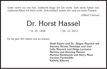 Traueranzeige von Dr. Horst Hassel von Flensburger Tageblatt