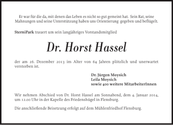 Traueranzeige von Dr. Horst Hassel von Flensburger Tageblatt