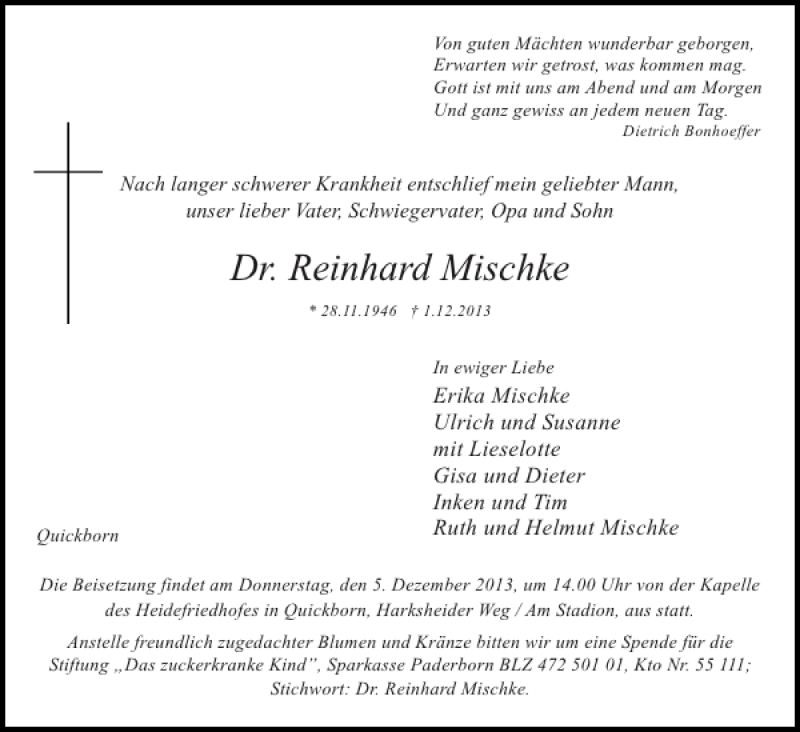 Traueranzeige für Dr. Reinhard Mischke vom 03.12.2013 aus Pinneberger Tageblatt