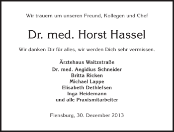 Traueranzeige von Dr. med. Horst Hassel von Flensburger Tageblatt