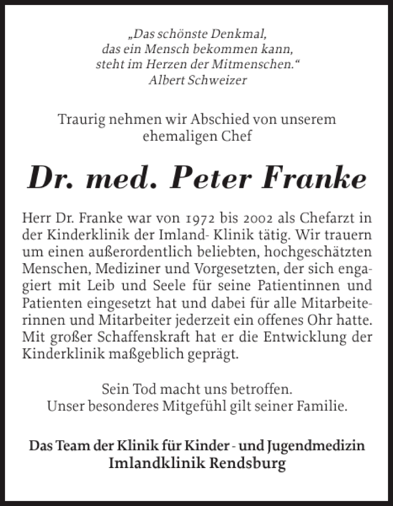  Traueranzeige für Dr. med. Peter Franke vom 06.12.2013 aus Landeszeitung