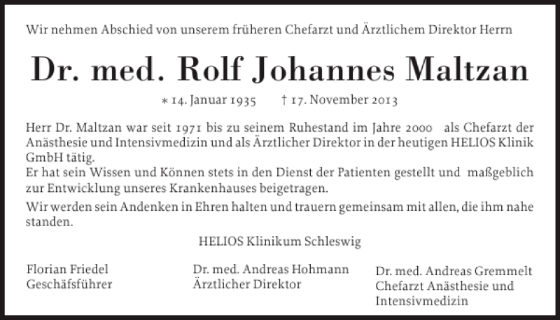  Traueranzeige für Dr. med. Rolf Johannes Maltzan vom 07.12.2013 aus Schleswiger Nachrichten