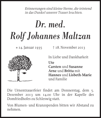 Traueranzeige von Dr. med. Rolf Johannes Maltzan von Flensburger Tageblatt