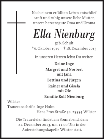Traueranzeige von Ella Nienburg von Norddeutsche Rundschau
