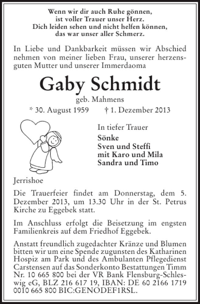  Traueranzeige für Gaby Schmidt vom 03.12.2013 aus Flensburger Tageblatt