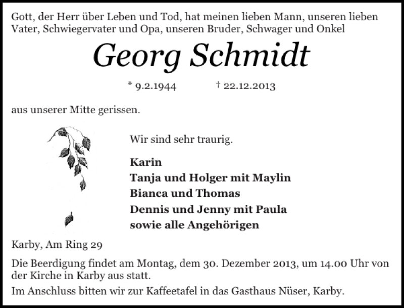  Traueranzeige für Georg Schmidt vom 27.12.2013 aus Schlei-Bote