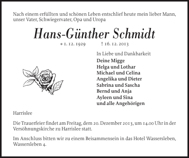  Traueranzeige für Hans-Günther Schmidt vom 18.12.2013 aus Flensburger Tageblatt