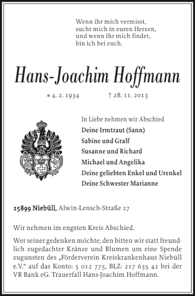  Traueranzeige für Hans-Joachim Hoffmann vom 03.12.2013 aus Nordfriesland Tageblatt