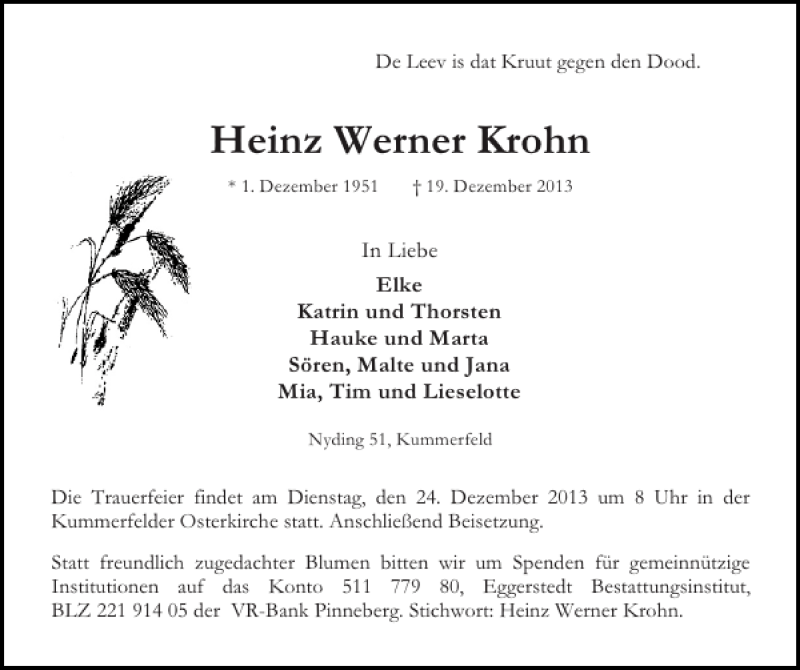  Traueranzeige für Heinz Werner Krohn vom 21.12.2013 aus Pinneberger Tageblatt