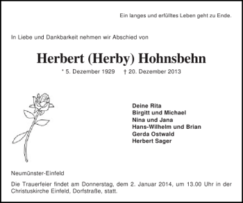 Traueranzeige von Herbert Herby Hohnsbehn von Holsteinischer Courier
