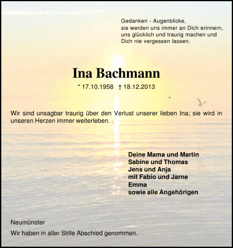  Traueranzeige für Ina Bachmann vom 28.12.2013 aus Holsteinischer Courier