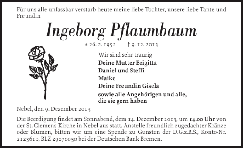  Traueranzeige für Ingeborg Pflaumbaum vom 12.12.2013 aus Der Insel-Bote