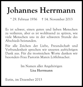 Traueranzeige von Johannes Herrmann von Ostholsteiner Anzeiger