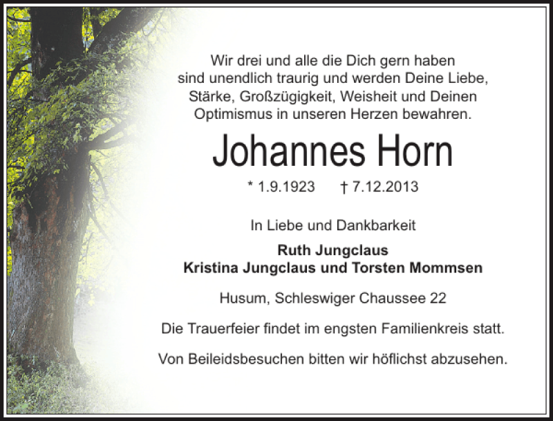  Traueranzeige für Johannes Horn vom 11.12.2013 aus Husumer Nachrichten