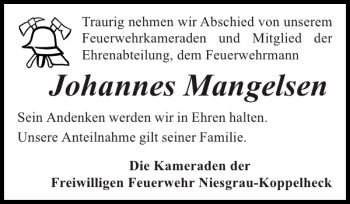 Traueranzeige von Johannes Mangelsen von Flensburger Tageblatt