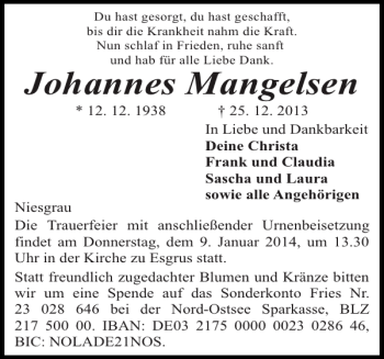 Traueranzeige von Johannes Mangelsen von Flensburger Tageblatt
