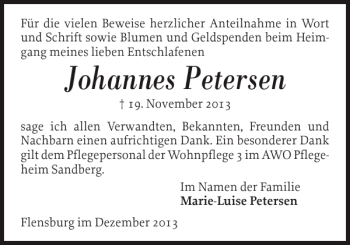 Traueranzeige von Johannes Petersen von Flensburger Tageblatt