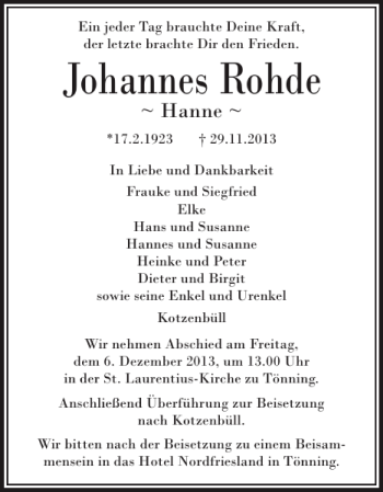 Traueranzeige von Johannes Rohde von Husumer Nachrichten