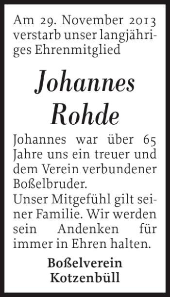 Traueranzeige von Johannes Rohde von Husumer Nachrichten