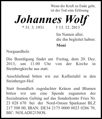 Traueranzeige von Johannes Wolf von Flensburger Tageblatt