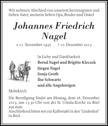 Traueranzeige von Johannes Friedrich Nagel von Flensburger Tageblatt