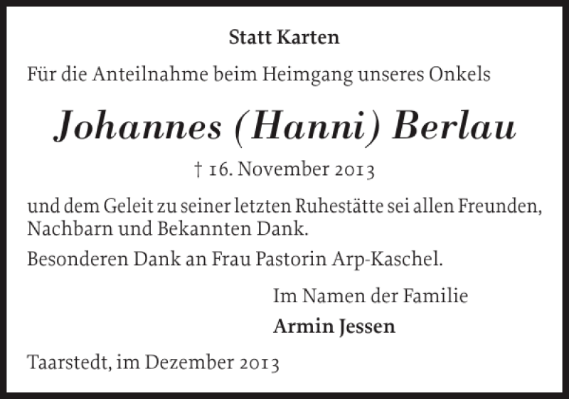  Traueranzeige für Johannes Hanni Berlau vom 05.12.2013 aus Schleswiger Nachrichten