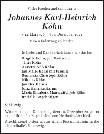 Traueranzeige von Johannes Karl-Heinrich Köhn von Schleswiger Nachrichten